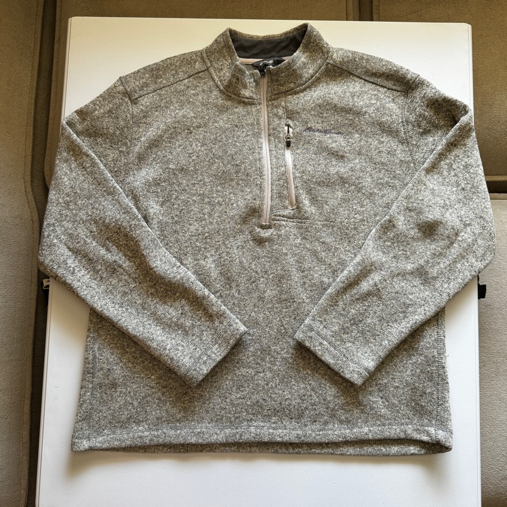 Eddie Bauer Mens Quarter Zip Fleece Pullover Size L Heather Brown Logo Sweater